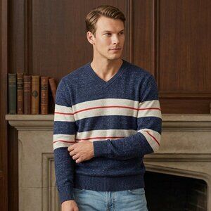 Gap Mens M V-Neck Sweater Navy Blue Marl Striped Cotton Blend Essential Boutique